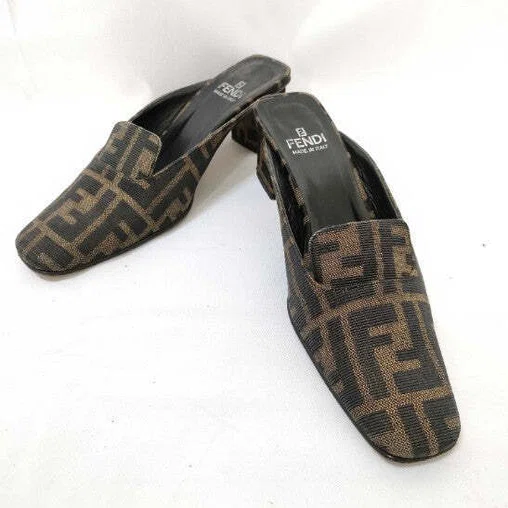 Fendi Zucca Mules Heels Brown Canvas Slide Pumps EU35 US5.5 Block 
