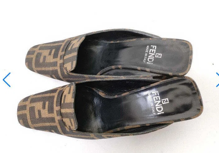 Fendi Zucca Mules Heels Brown Canvas Slide Pumps EU35 US5.5 Block