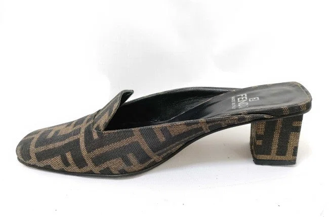 Fendi Zucca Mules Heels Brown Canvas Slide Pumps EU35 US5.5 Block