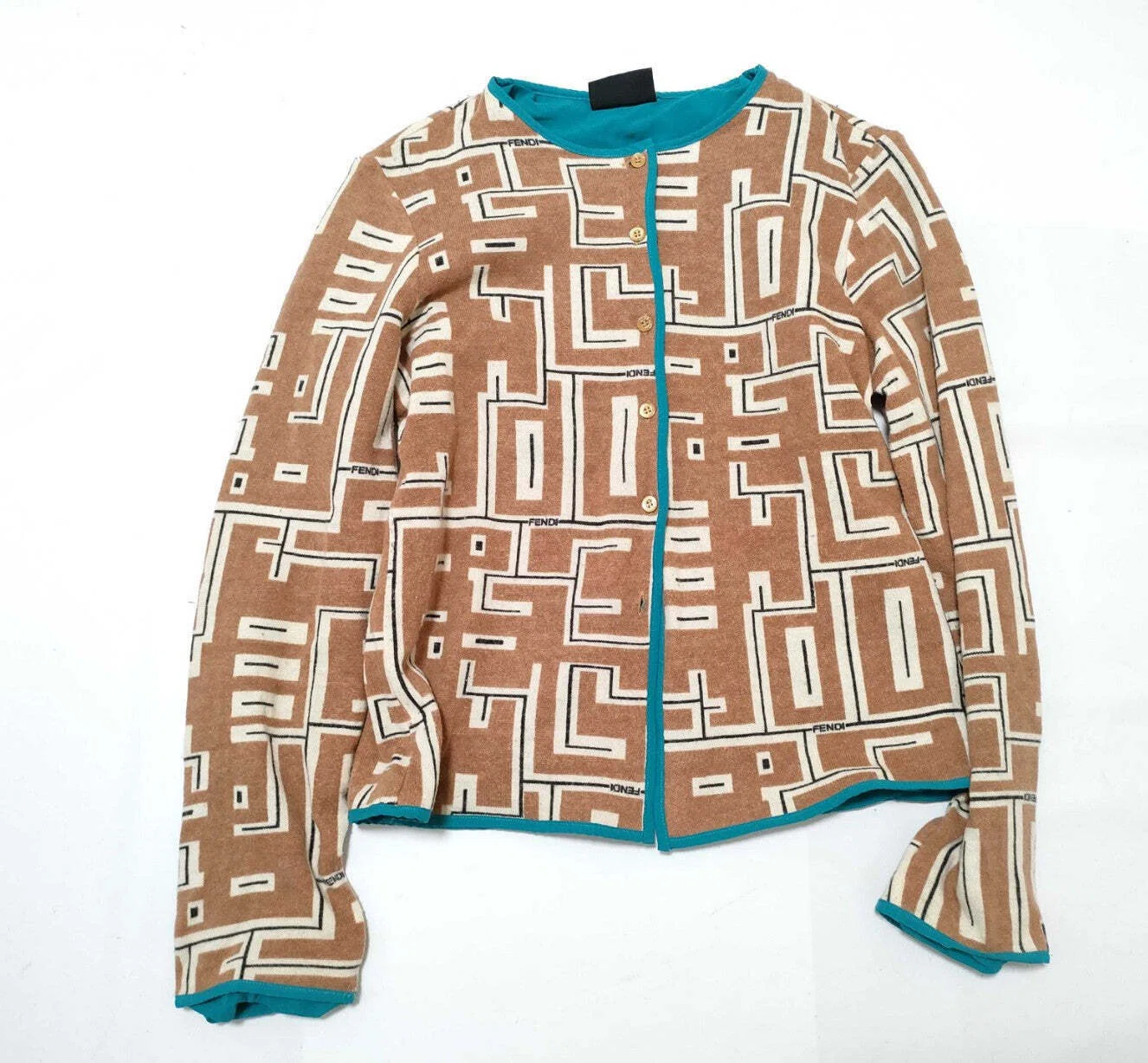 FENDI Jeans Cardigan Jacket 44 IT Geometric Logo Pattern Wool