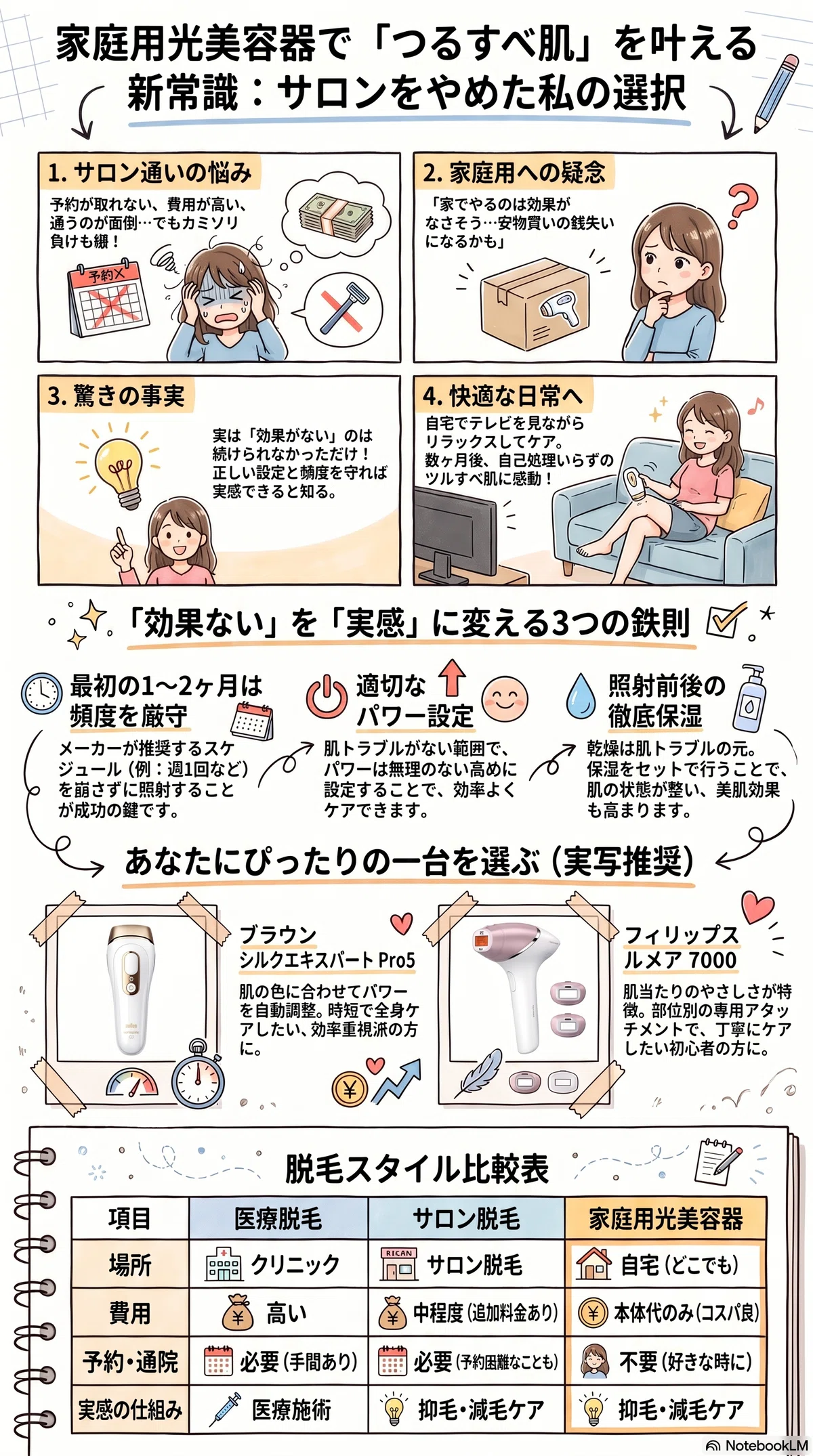 家庭用脱毛器の要点をまとめたインフォグラフィック