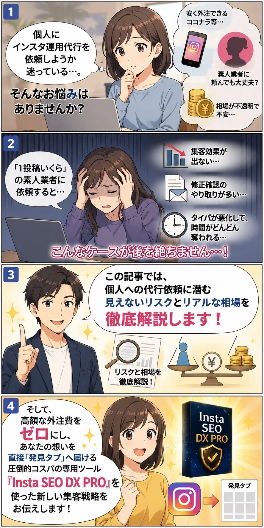 個人にインスタ運用代行を依頼するべきかのオリジナル4コマ漫画