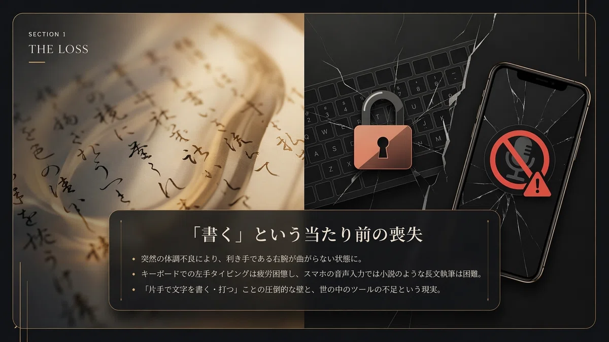 「失われていた可能性」をテーマに、左利きや学習環境の違いといった見えにくい困難に焦点を当てています。落ち着いたトーンのミニマルな構成で、人ではなく環境を変えるべきだという問いかけを伝えます。