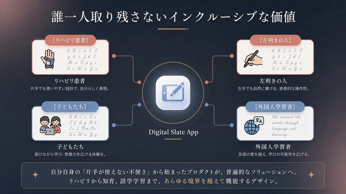リハビリを頑張る方、子どもたち、外国語を学ぶ方、左利きの方など、画面の向こうにいる多様なユーザーを温かみのある図でつないでいます。テクノロジーで多くの人に寄り添うビジョンが描かれています。