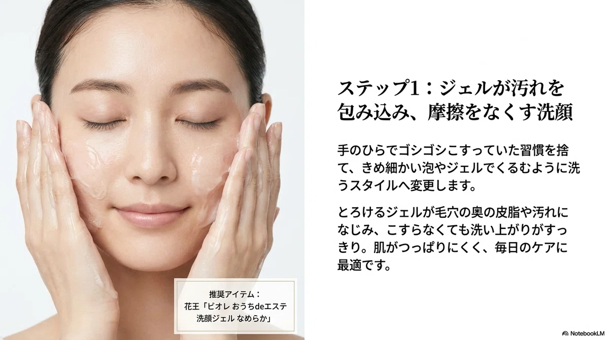 角栓の押し出しやめられない:ステップ1:泡でしっかり摩擦を減らす洗顔の図解