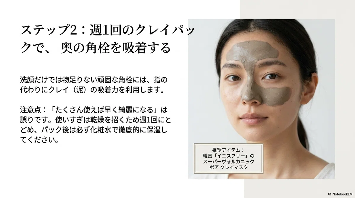 角栓の押し出しやめられない:ステップ2:週1回のクレイパックで角栓をやさしくオフの図解