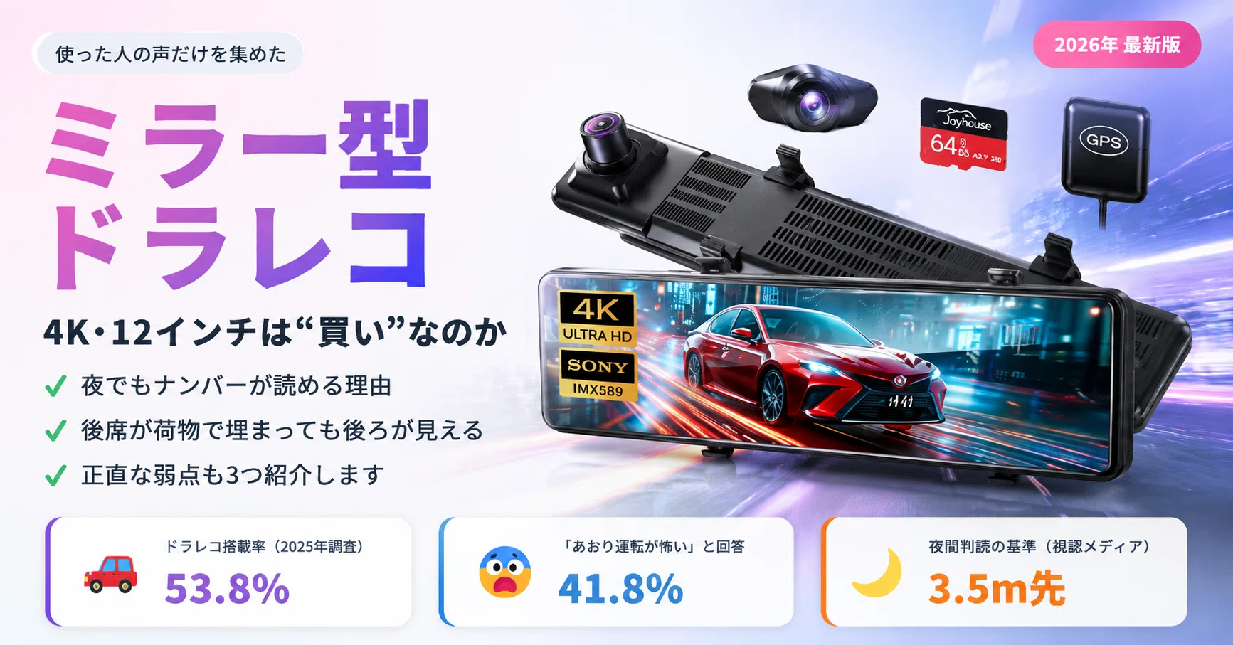 夜でもナンバーがくっきり」は本当？ 4K・12インチのミラー型ドラレコ