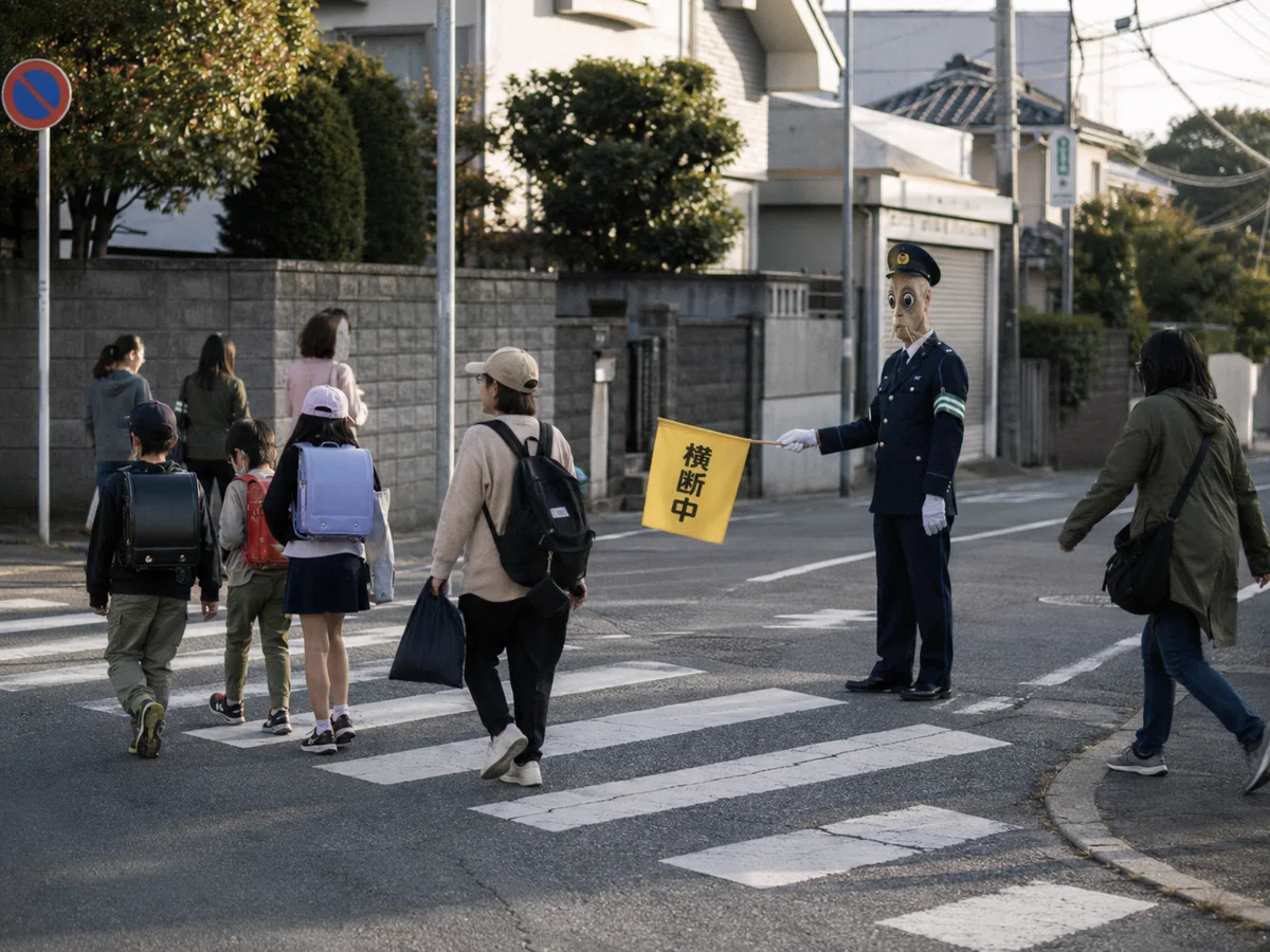 住宅街の横断歩道で、小学生と保護者が道路を渡っている。横断歩道の脇には警察官制服を着た縦長の頭部の人物が立ち、黄色い横断旗を持って交通整理をしている。周囲の通行人は特に反応していない。