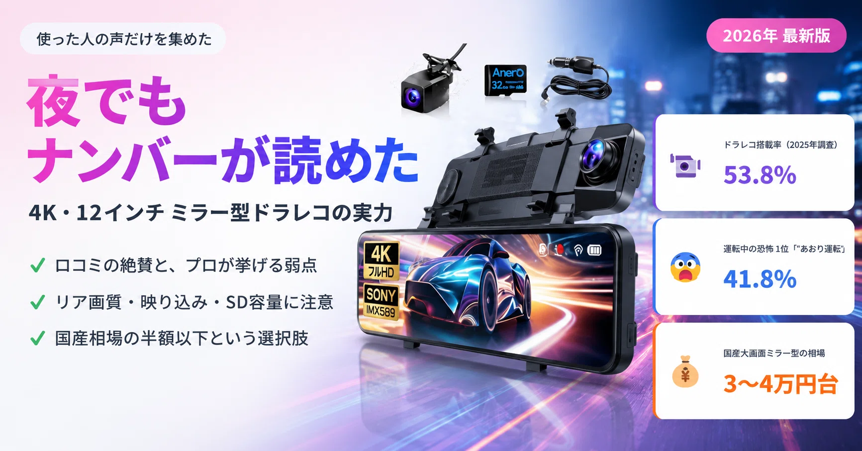 ミラー型ドラレコ】4K・12インチは「夜でもナンバーが読める」って本当