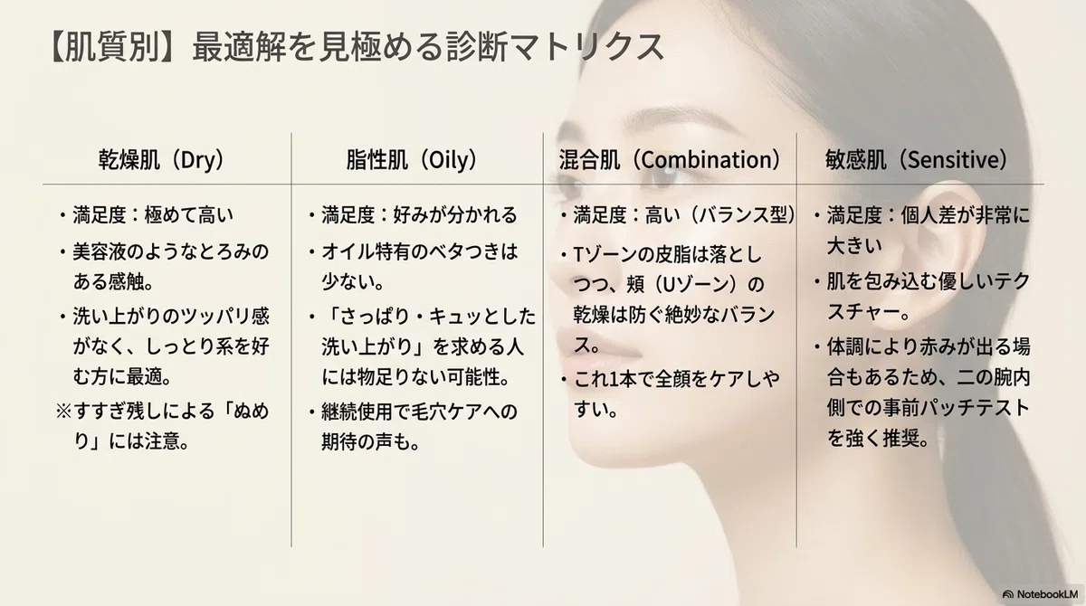 オルビス クレンジングオイル:肌質別レビュー:乾燥・脂性・混合・敏感でここまで違う