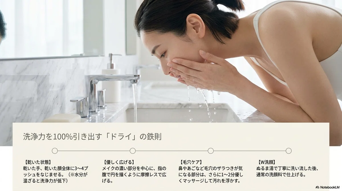 オルビス クレンジングオイル:効果的な使い方:基本ステップと毛穴ケアのコツの図解
