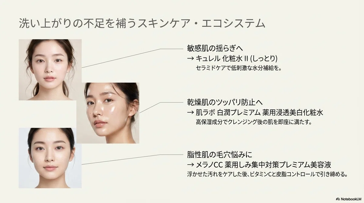 オルビス クレンジングオイル:肌質別に組み合わせたいスキンケアアイテムの図解