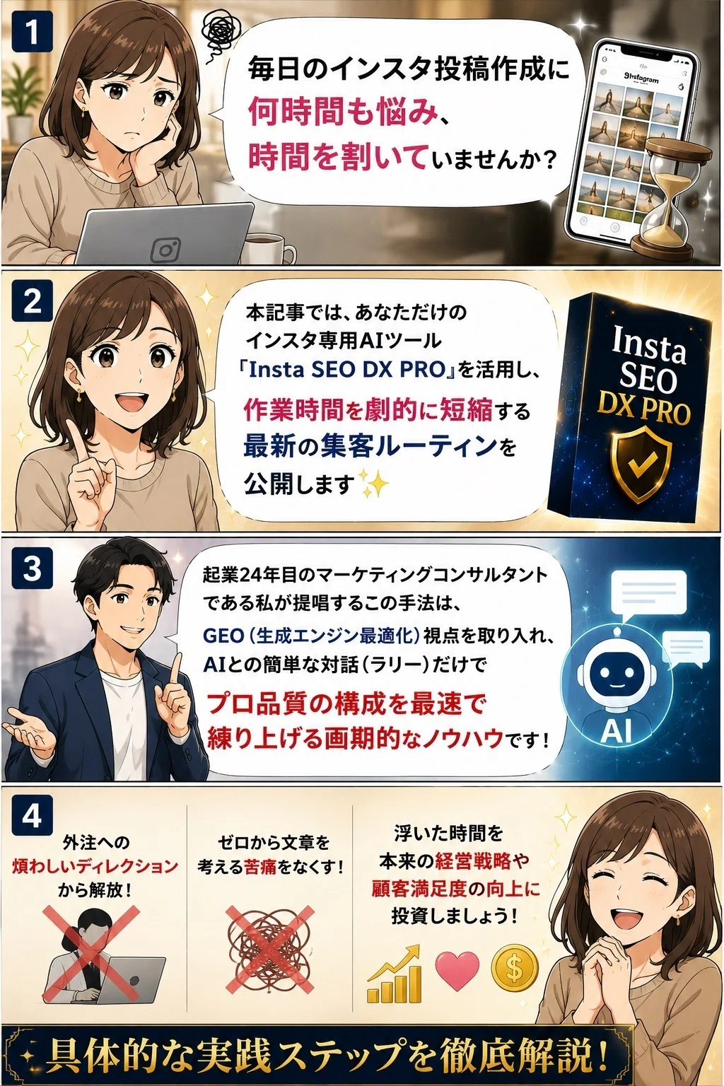 『Insta SEO DX PRO』を使った集客ルーティンのオリジナル4コマ