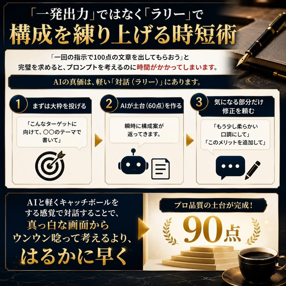 「一発出力」ではなく「ラリー」で構成を練り上げる時短術の図解