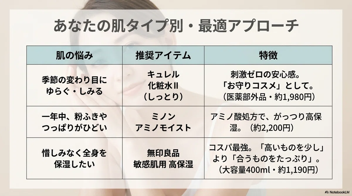 化粧水：敏感肌・乾燥肌タイプ別の選び方の目安の図解