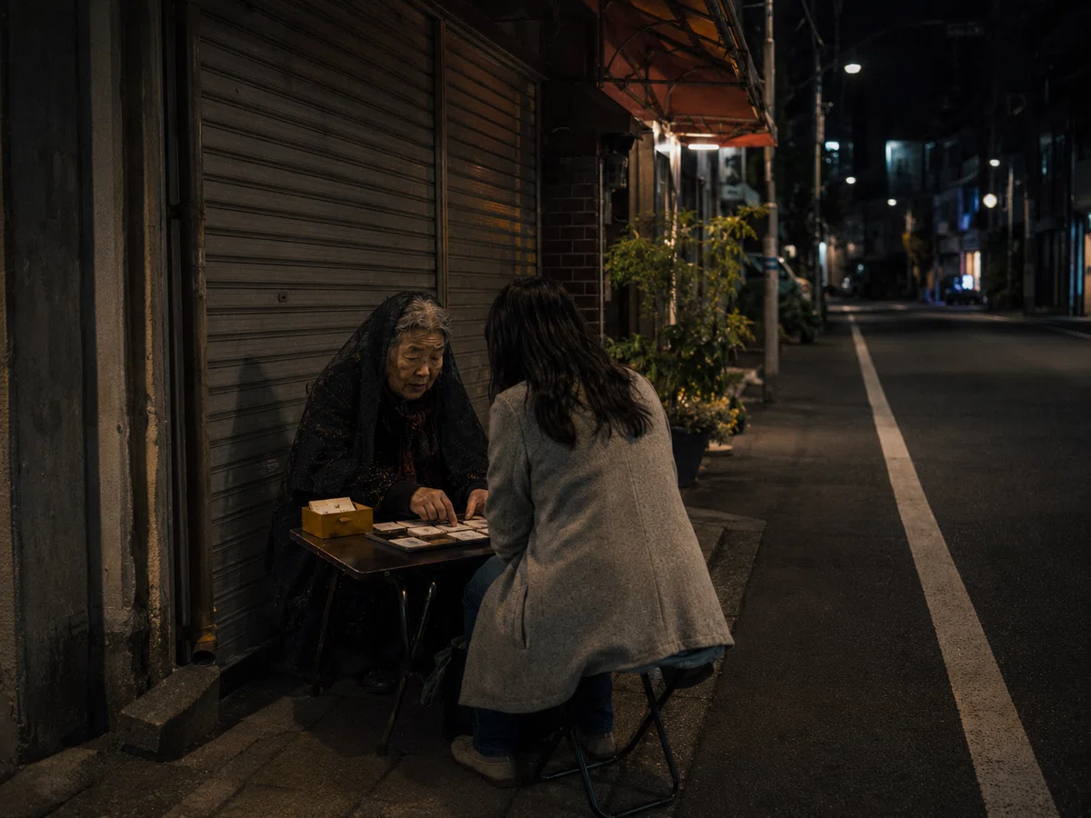 夜の駅前商店街の端を撮影した記録写真。閉店後の店舗シャッターの前、歩道脇に小さな折り畳み机が置かれている。机の奥には高齢の女性とみられる人物が座り、頭から薄い黒い布を被っている。机の上には紙箱と、二つ折りにされた小紙片が複数並んでいる。手前には客とみられる人物が一人腰かけ、机上の紙片を見ている。派手な占い道具や装飾はなく、閉店後の商店街に一時的に出された簡易な路上商売のように見える。
