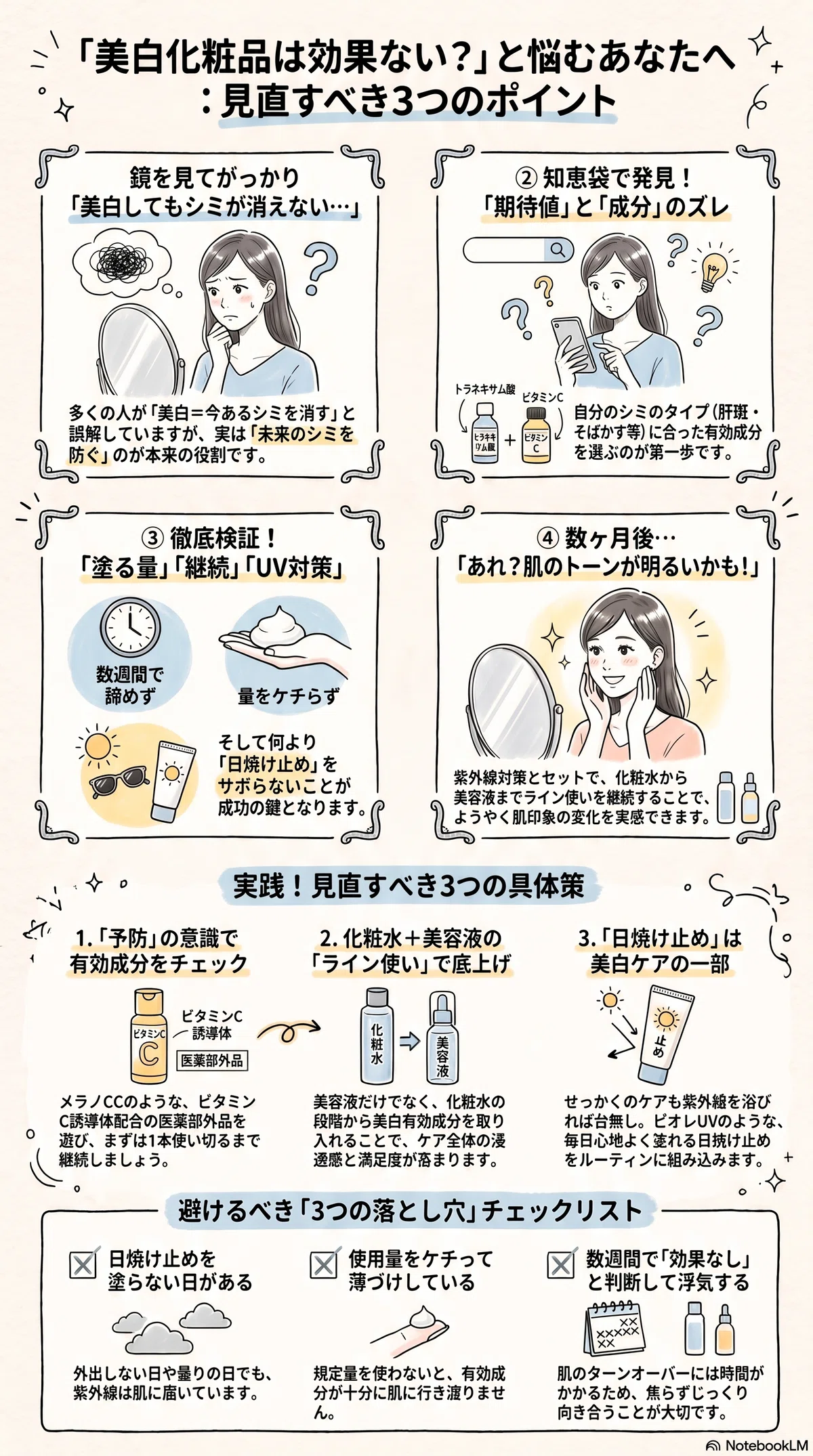 美白化粧品の要点をまとめたインフォグラフィック