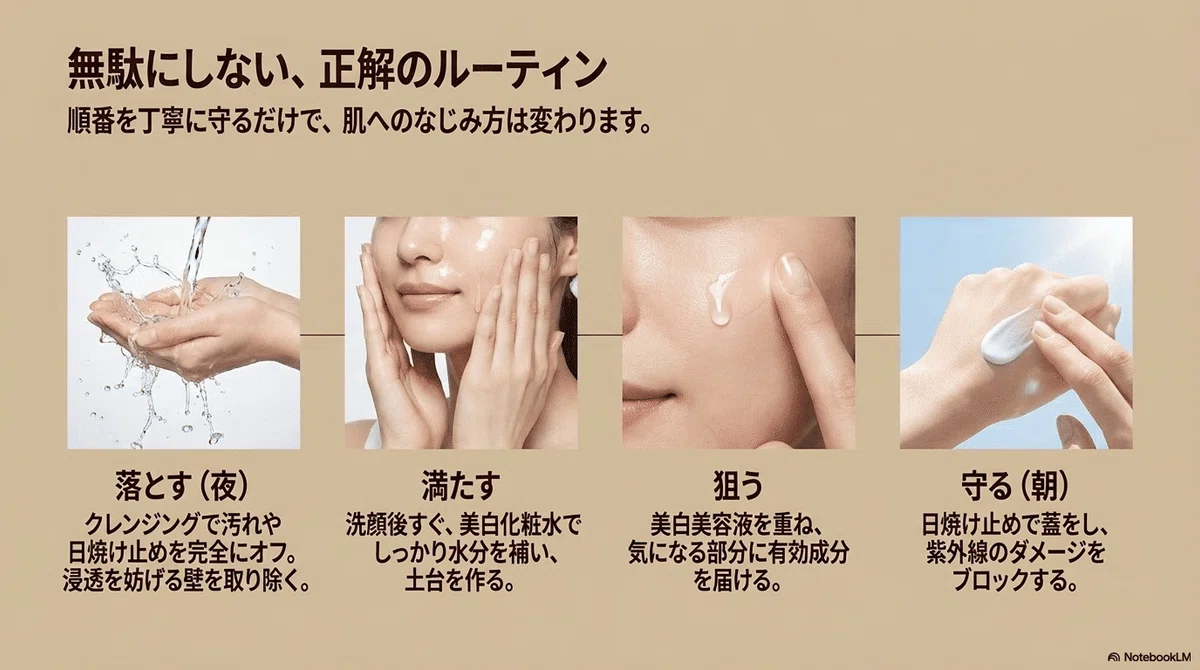 美白化粧品：私が試して感じた、ケアの順番のコツの図解