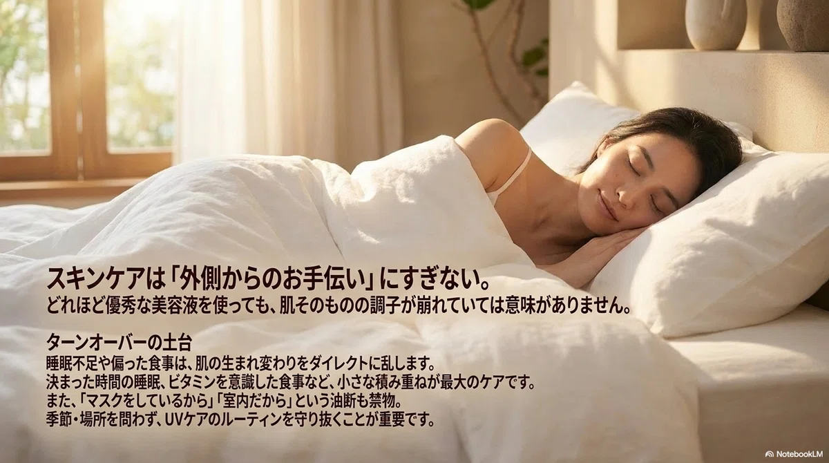 美白化粧品：美白ケアと一緒に見直したい生活習慣の図解