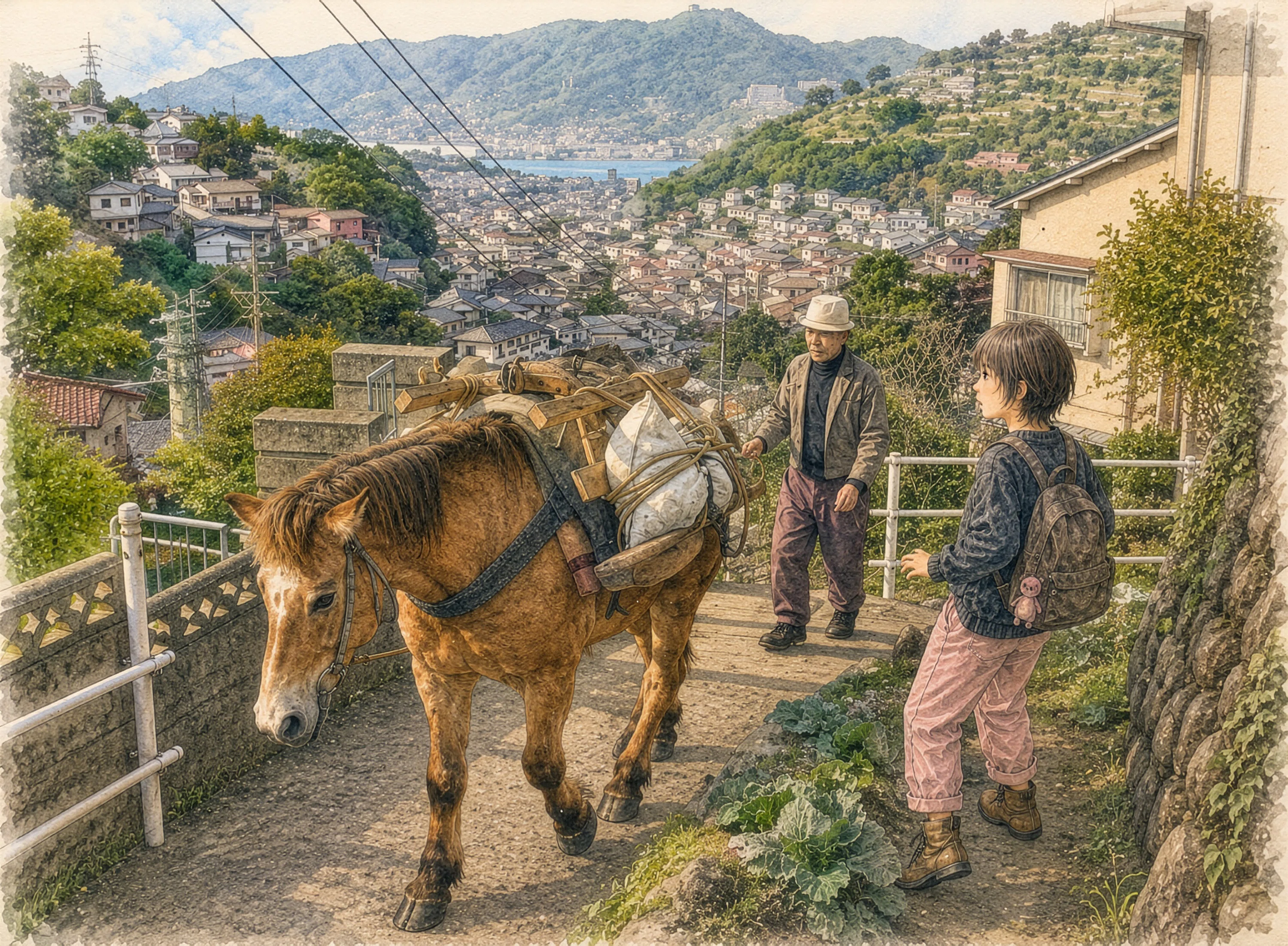 アップリケ　キルト　タペストリー　山と馬のいる風景 凛と旅する 長崎を歩く ～ 「え！ こんなところに馬!?」｜江島 達也