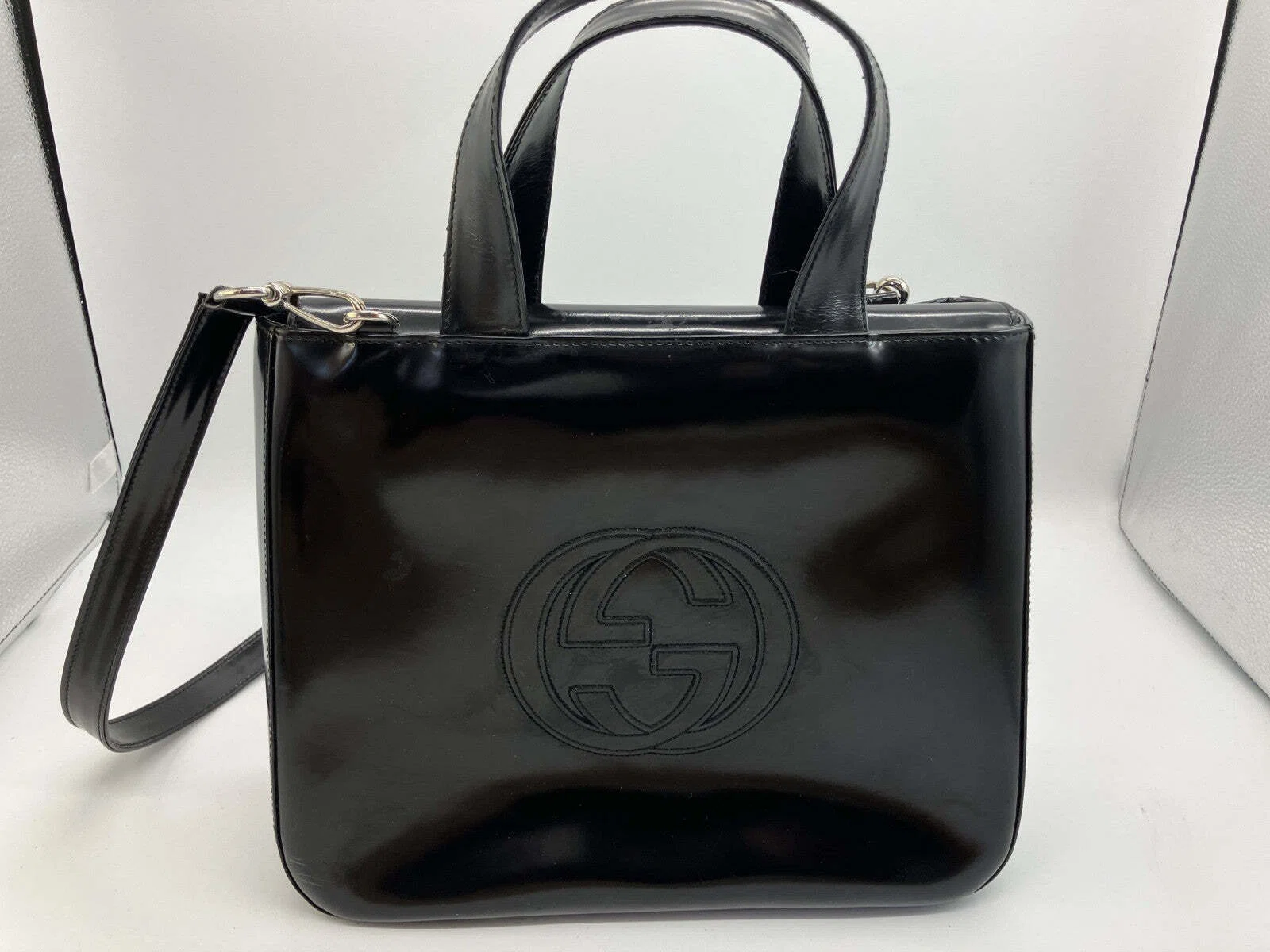 Gucci Interlocking G Black Patent Leather 2Way Shoulder Hand Bag