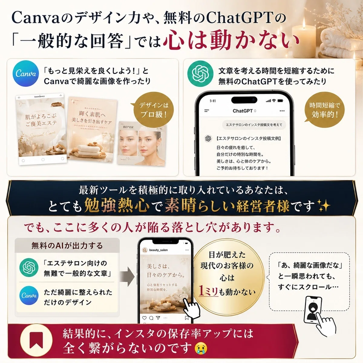 Canvaのデザイン力や、無料のChatGPTの「一般的な回答」では心は動かないの図解