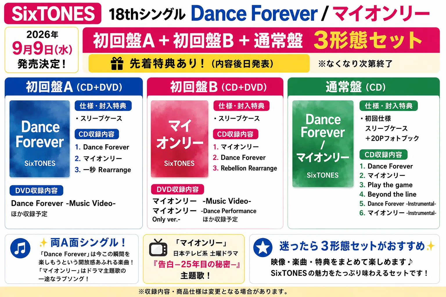 SixTONES「Dance Forever／マイオンリー」3形態の違いを比較！初回盤A