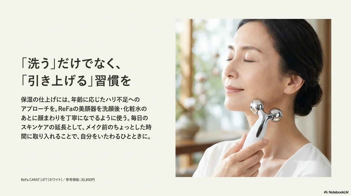 50代の肌:おうちで引き上げケアができる美顔器の図解