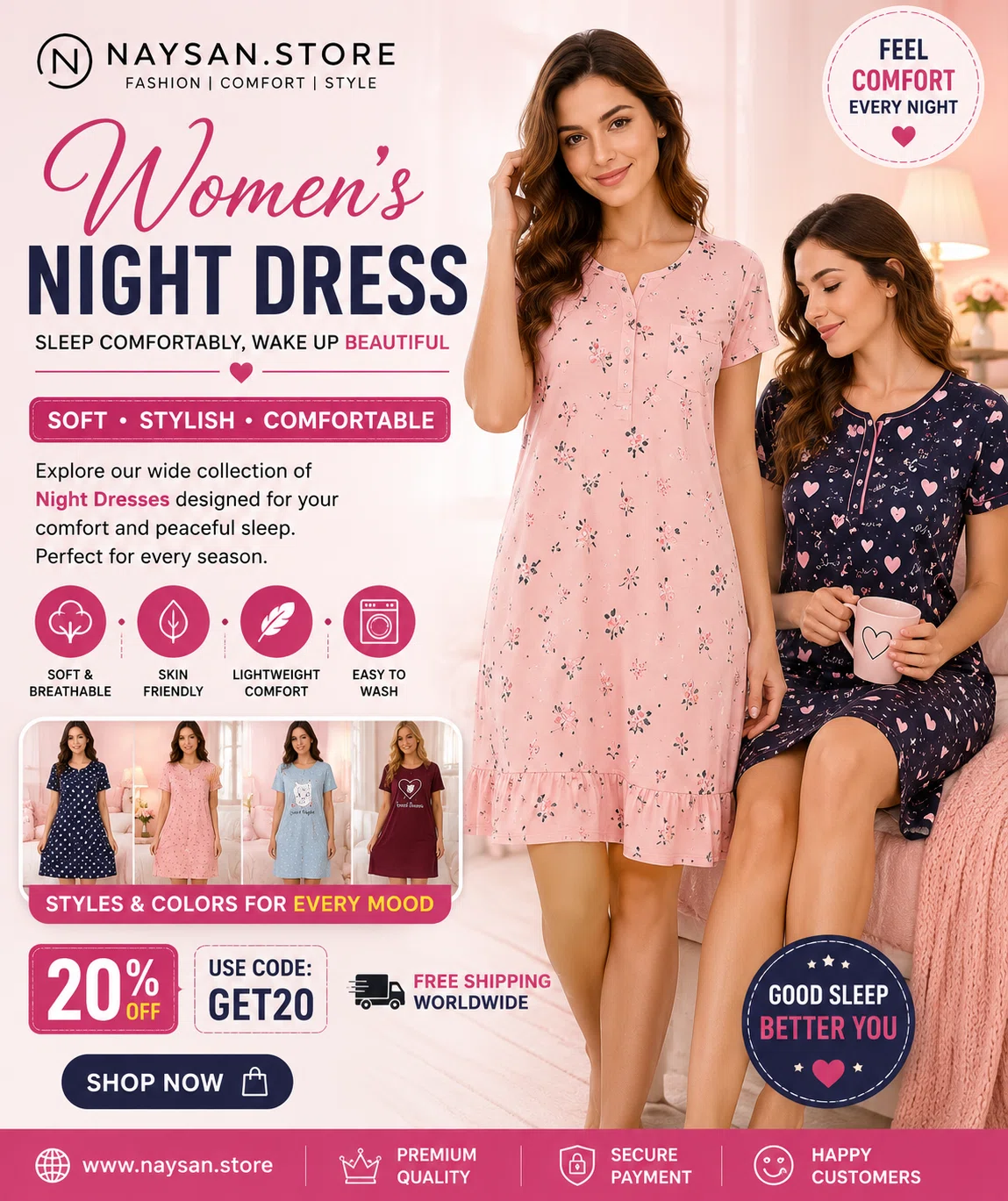 types of night dress for ladies Women: Comfortable Sleepwear for Every Night｜naysan store Tiffany Princess