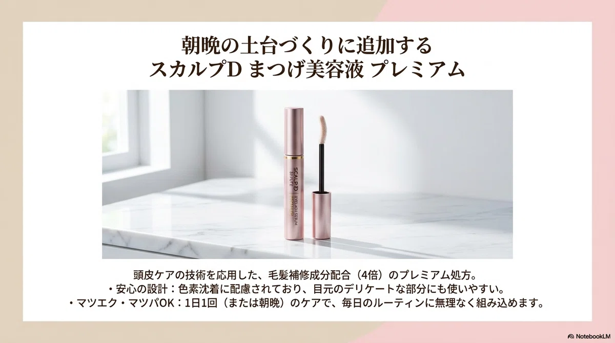 まつ毛美容液:朝晩のケアに追加したもの:スカルプD まつげ美容液 プレミアムの図解
