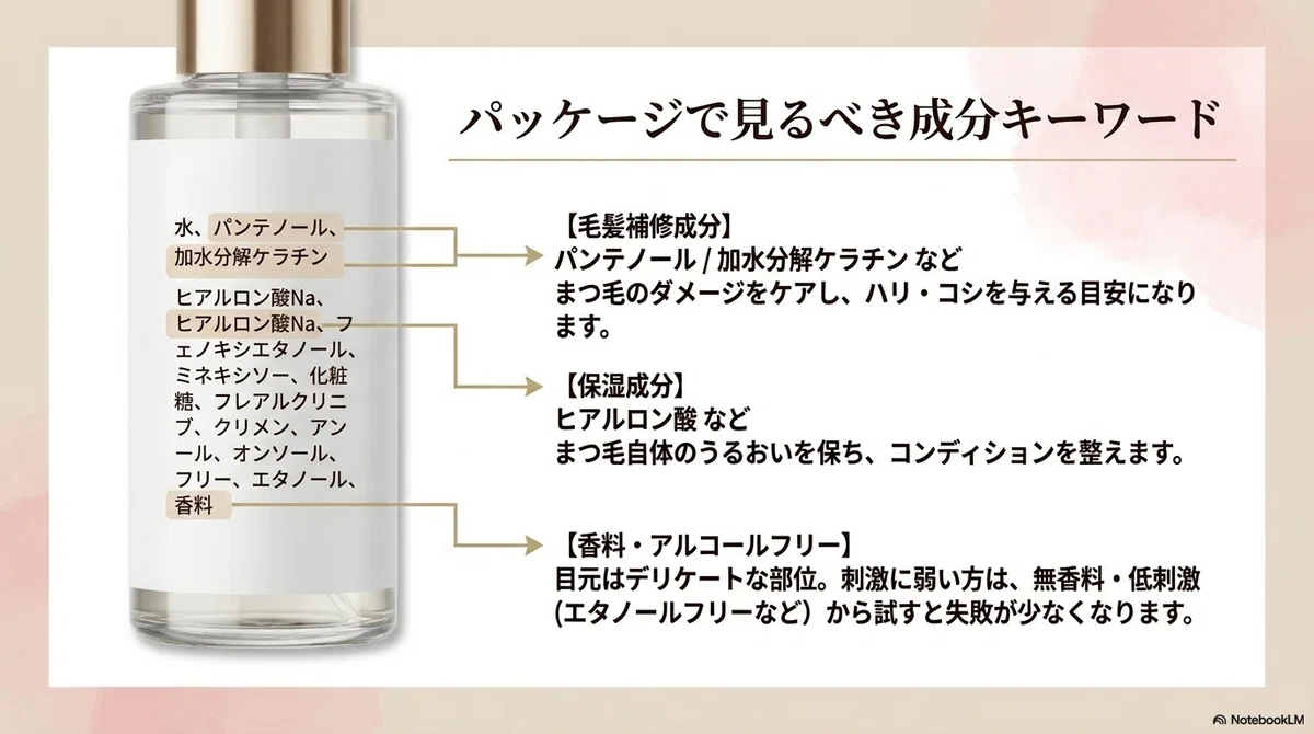 まつ毛美容液:成分表示で見ておきたいキーワードの図解