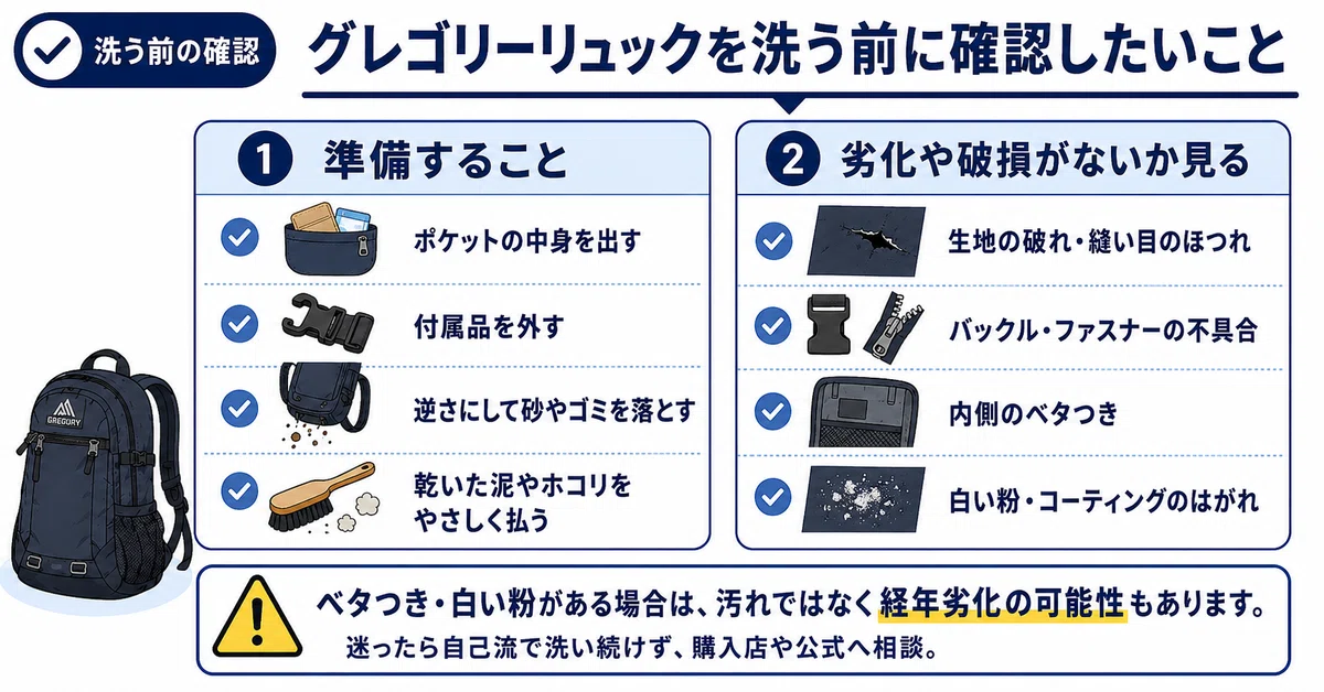 グレゴリーリュックを洗う前に、中身や付属品を外し、破れ・ベタつき・白い粉などを確認するチェックリスト