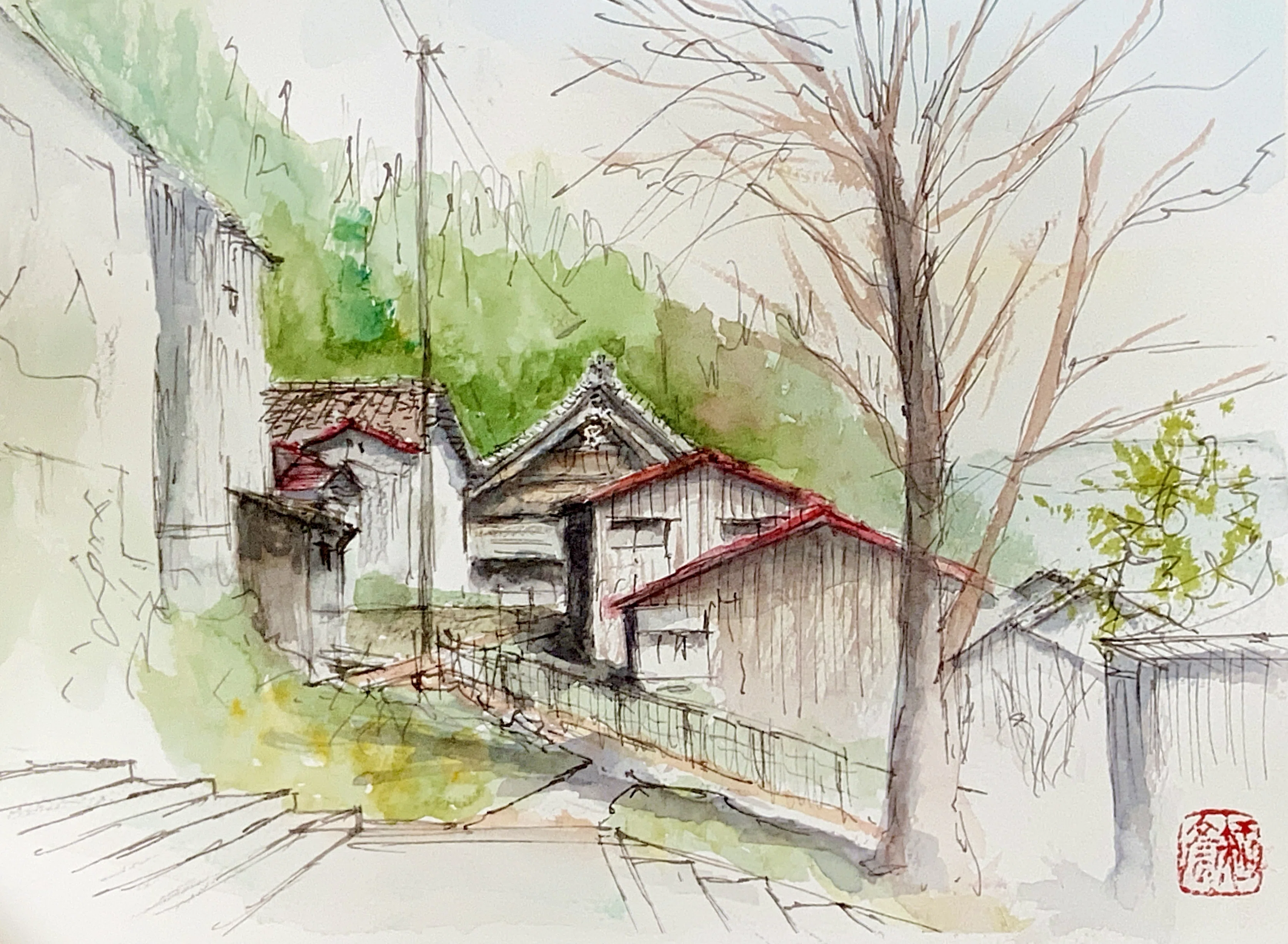 【貴重品】水彩画 三宝寺池 昭和21年 水彩画181】聞名寺、八尾、富山 ｜tatatotoya
