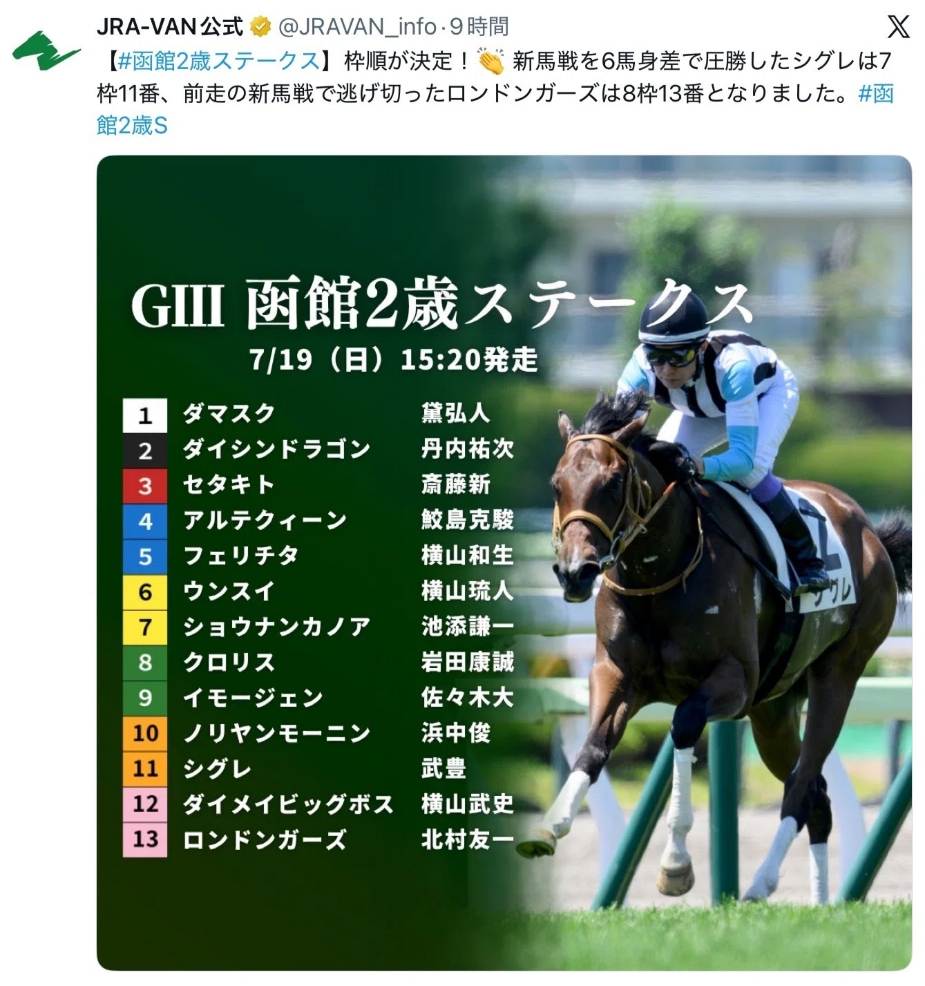 函館2歳ステークス2026】JRAVAN公式X『新継続サイン』発動！示唆馬