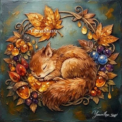 ハムスタークレヨン画　秋の実り 7,000円〜カスタムできる秋のリスの絵『Autumn Lullaby 秋のゆりかご