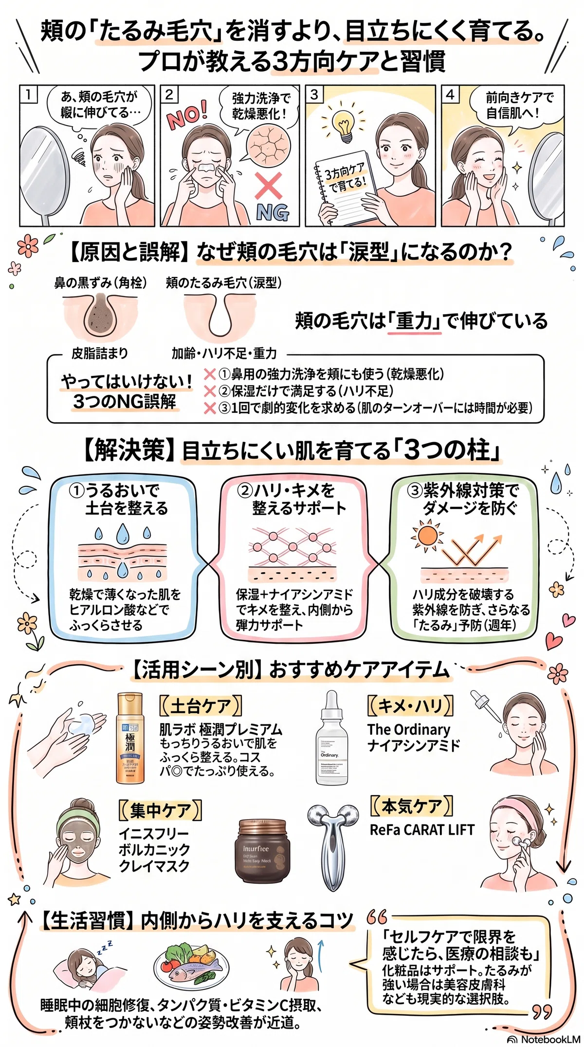 頬の涙型毛穴・たるみ毛穴の要点をまとめたインフォグラフィック