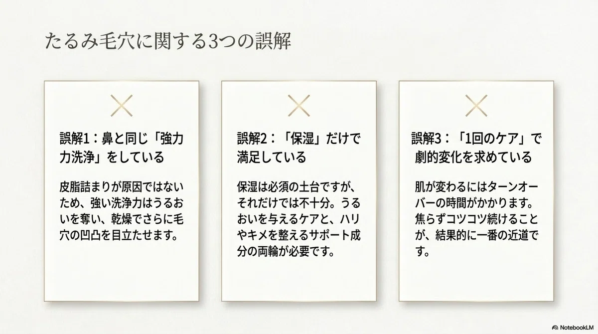 頬の涙型毛穴・たるみ毛穴:涙型毛穴・たるみ毛穴に多い3つの誤解の図解