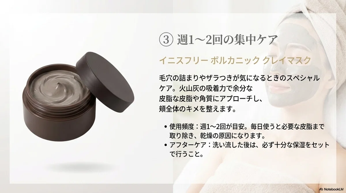 頬の涙型毛穴・たるみ毛穴:週1〜2回の集中ケアに:イニスフリー ボルカニック クレイマスクの図解