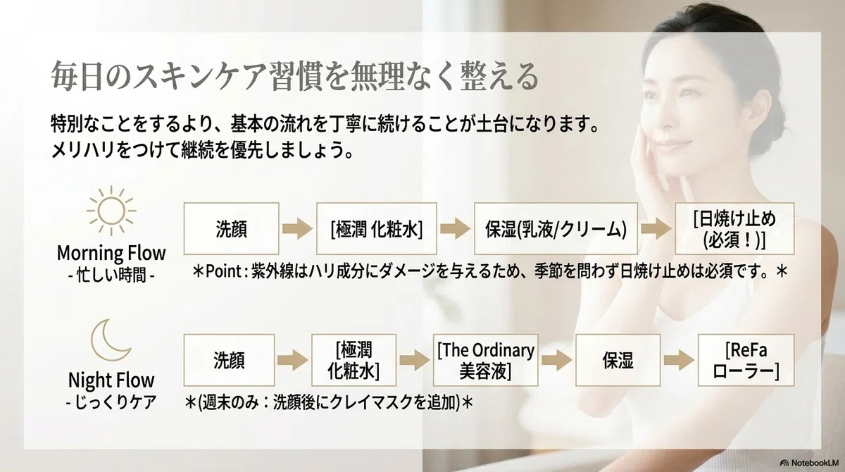 頬の涙型毛穴・たるみ毛穴:毎日のスキンケア習慣を無理なく整えるコツの図解