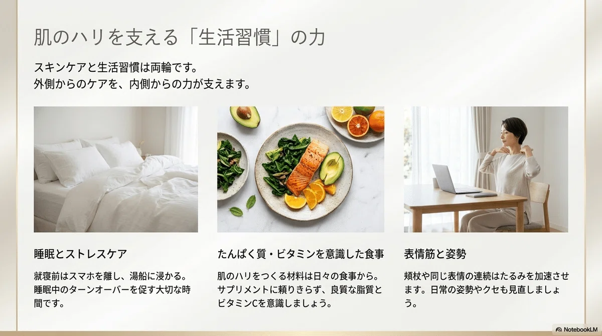 頬の涙型毛穴・たるみ毛穴:肌のハリを支える生活習慣も見直してみる