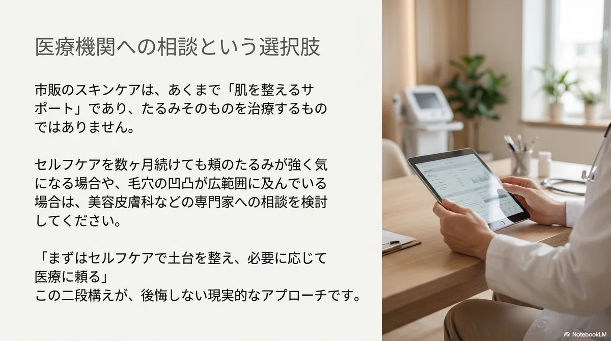 頬の涙型毛穴・たるみ毛穴:こんな人は毛穴ケアと合わせて医療機関の相談も検討を