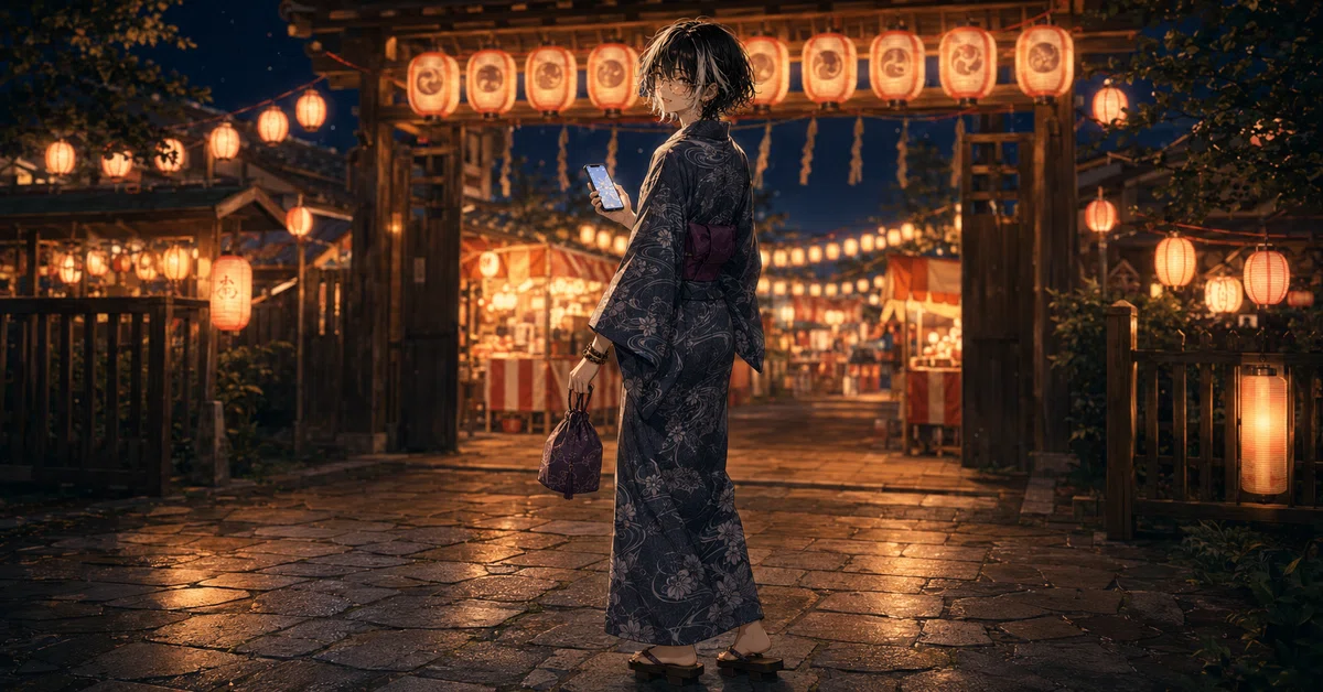 KITAめじゅちゃん、スマホのナビ見ながらやっと夏祭りに到着❣️