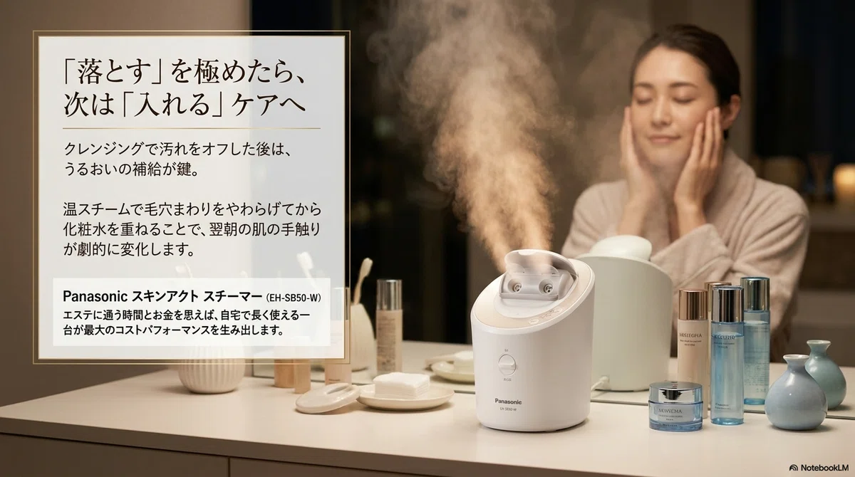 オルビス クレンジング：【クレンジング後の“入れる”ケアに】👉️パナソニック スキンアクトの図解