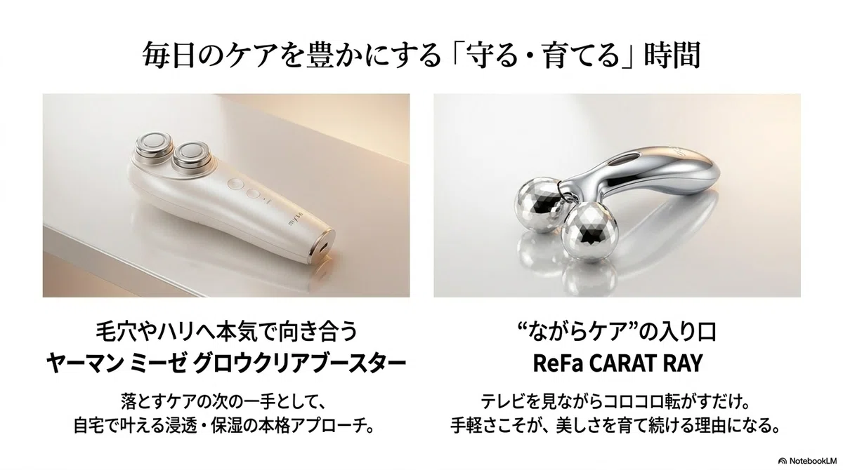 オルビス クレンジング：【毛穴やハリまで本気で向き合う日に】👉️ヤーマン 美顔器 ミーゼ グの図解
