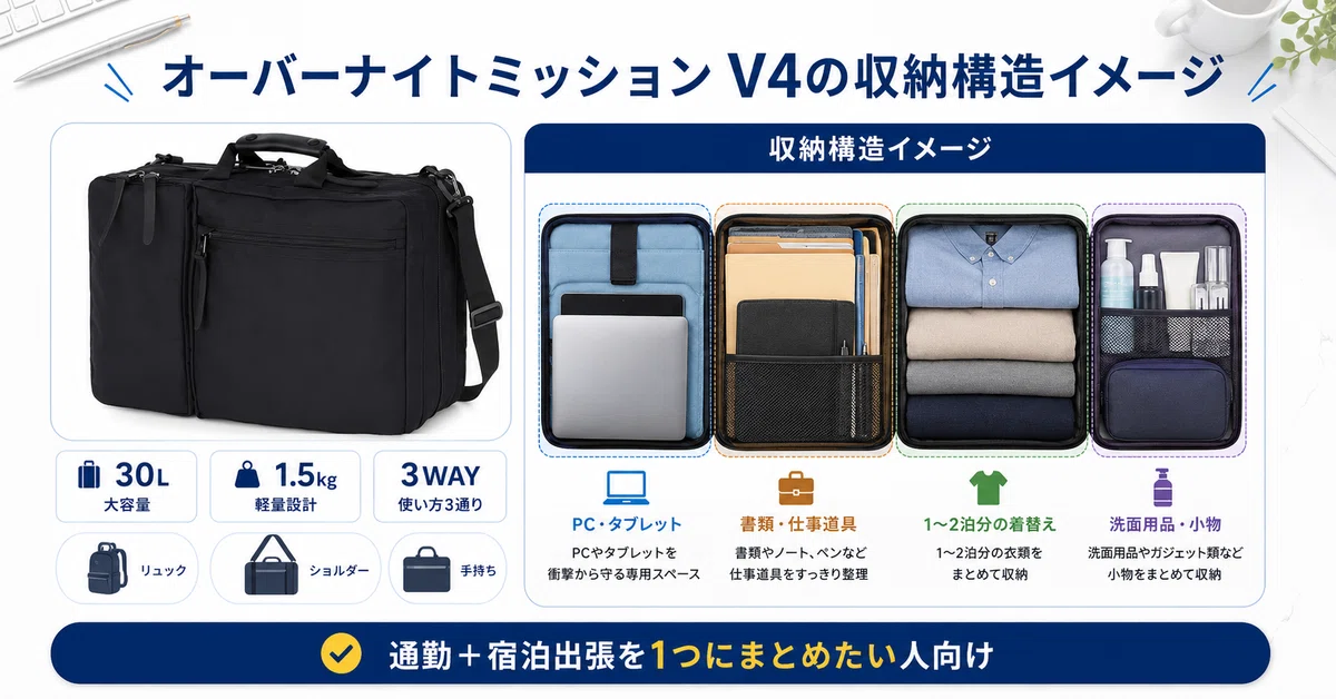 オーバーナイトミッションV4の30L収納を、PC・書類・1〜2泊分の着替え・洗面用品のスペースに分けて紹介