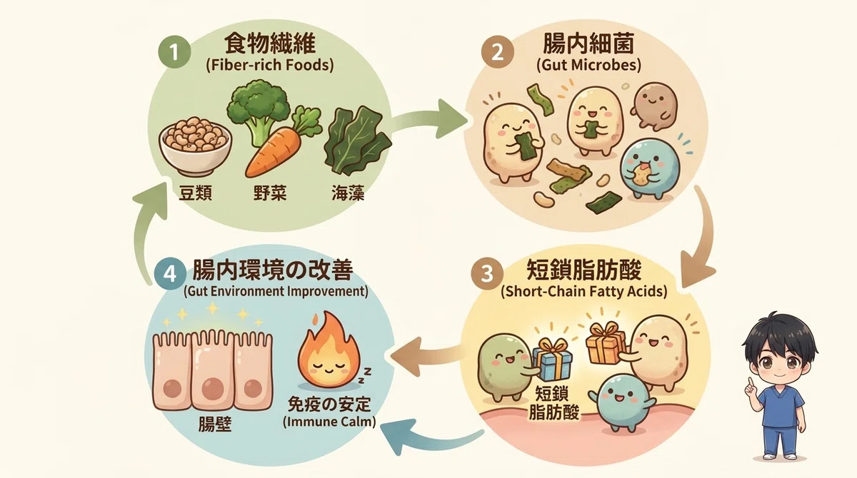 食物繊維を腸内細菌が食べ、短鎖脂肪酸を返す循環の図