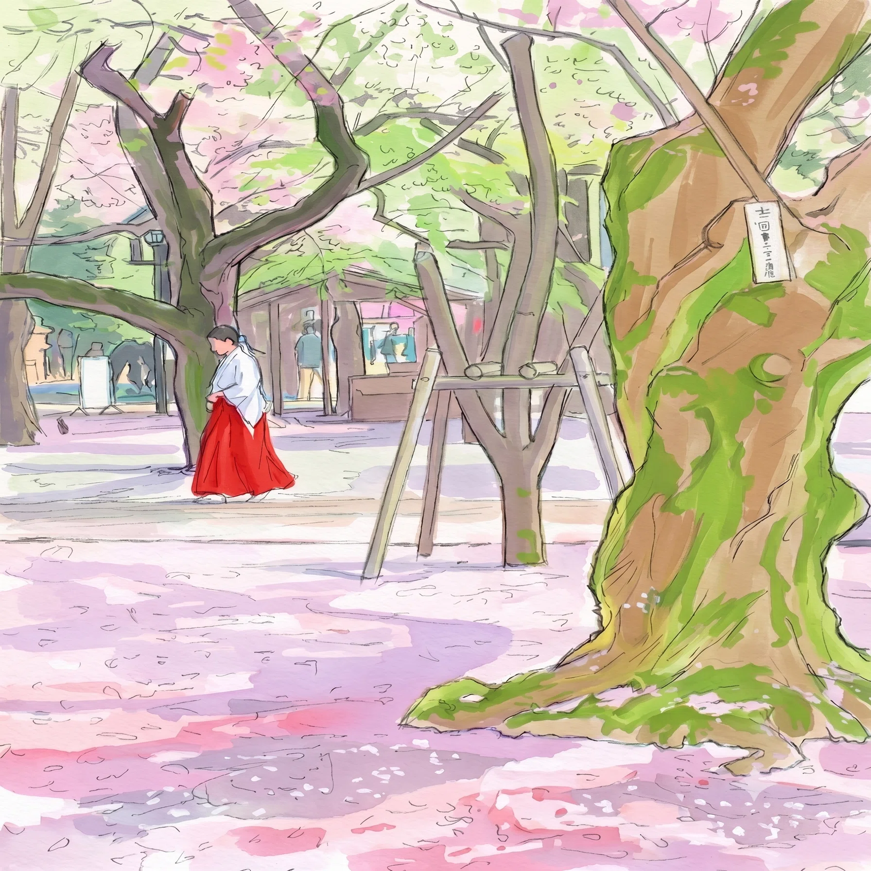 AI画像生成:046]靖国神社 桜の絨毯:アクリル画:ACH-R3.0-D:デュフィ風