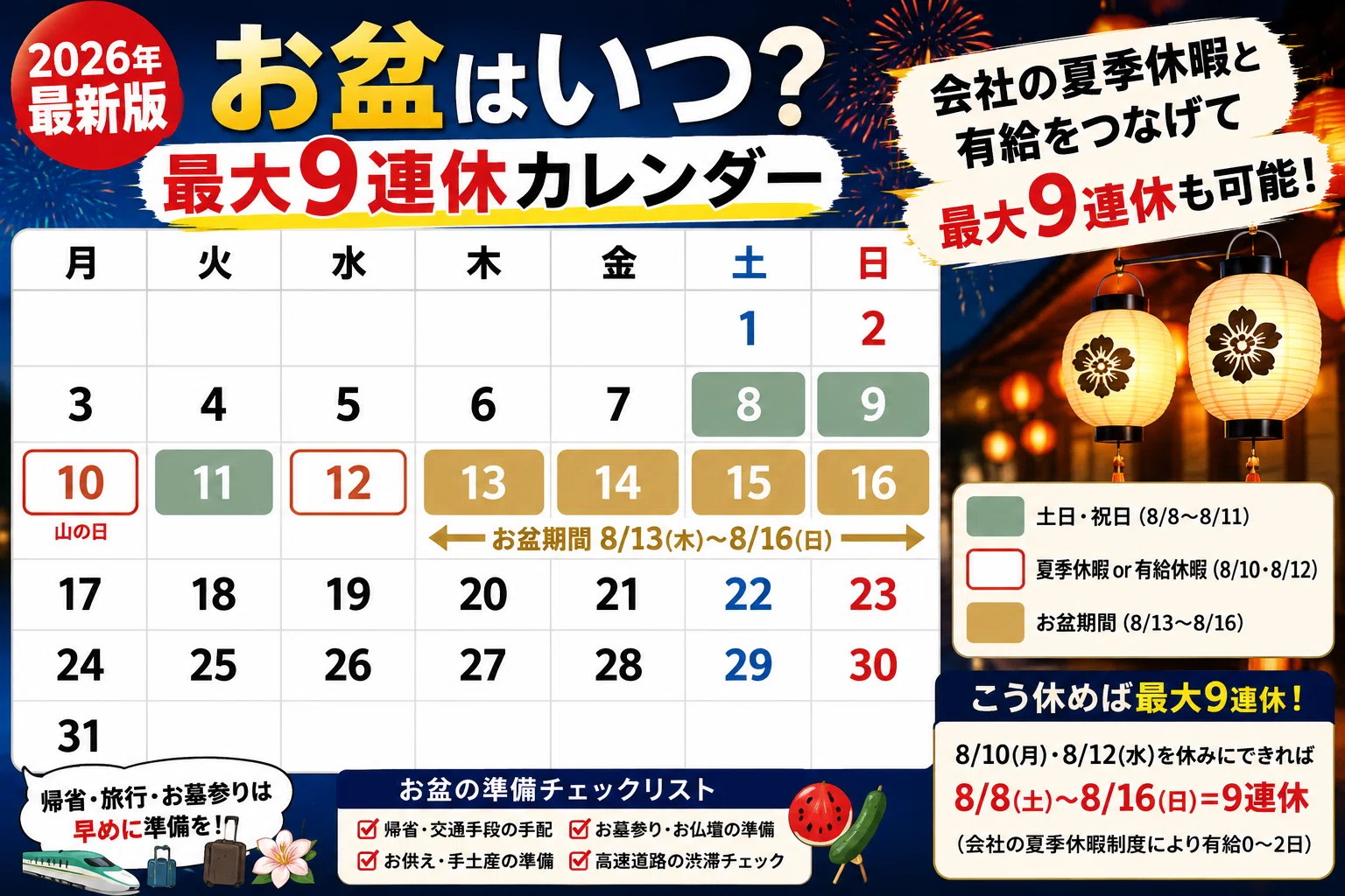 2026年版】お盆休みはいつ？最大9連休の取り方と帰省前に準備しておき