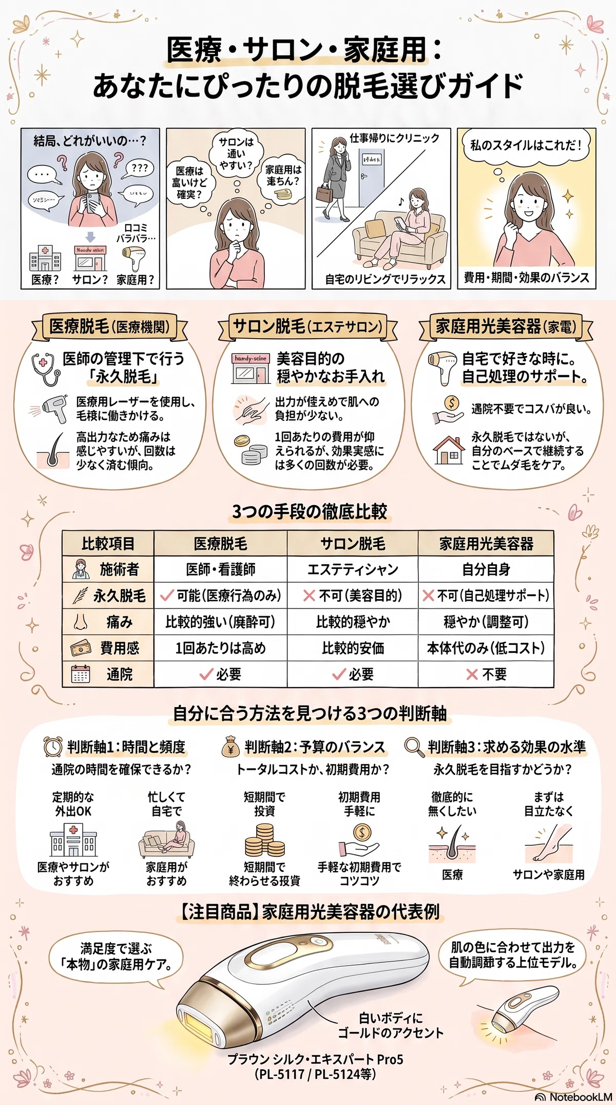 医療脱毛・サロンの要点をまとめたインフォグラフィック