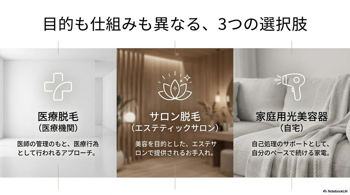 医療脱毛・サロン:3つの手段はそもそも何が違うのか、まず全体像をつかむ